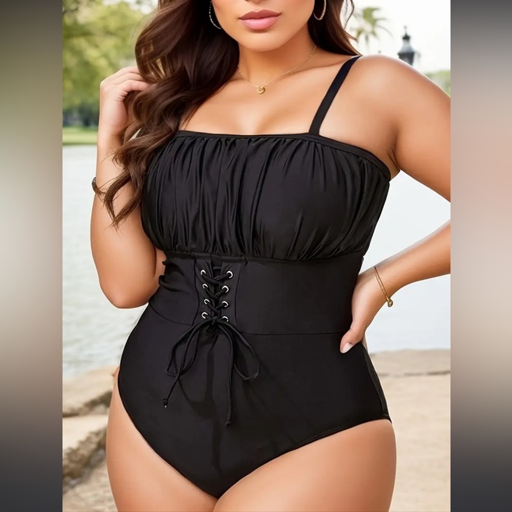 Solid Black Ruched Lace Up Front Swimsuit Size 4XL